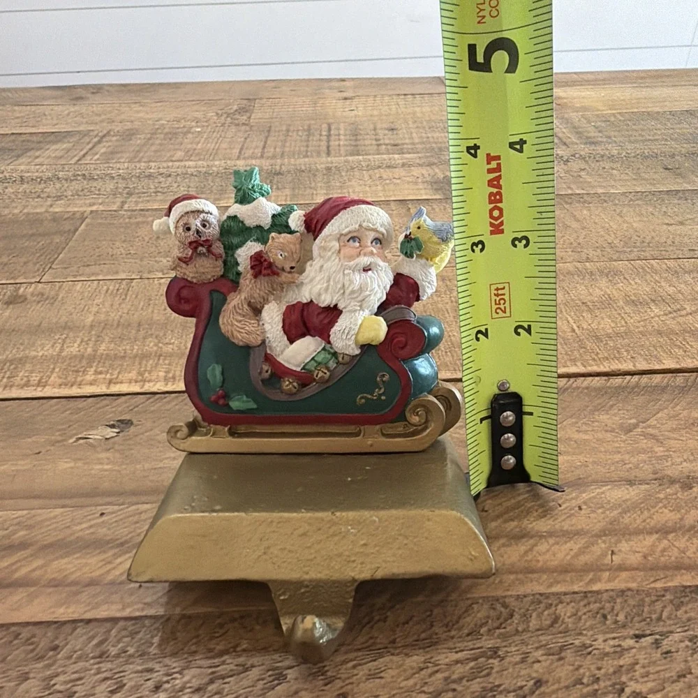 Cast Iron Base Santa On Sleigh With Birds Christmas Stocking Holder Vintage